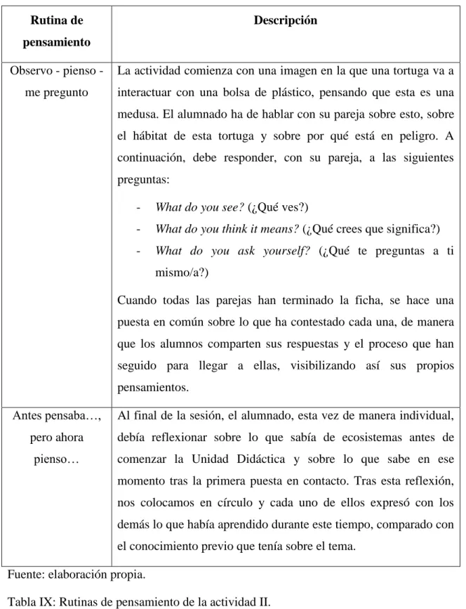 Tabla IX: Rutinas de pensamiento de la actividad II.  