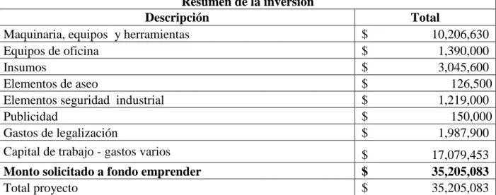 Tabla 8 Resumen de la inversión requerida 