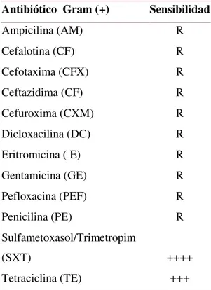 Tabla 11. Antibiograma para S. aureus MRSA ATCC BAA-44. Antibiótico  Gram (+)  Sensibilidad 