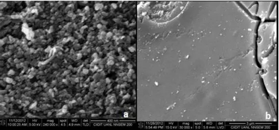 Figura 6. Imagen SEM de los depósitos de TiO 2  obtenidos sobre esferas de vidrio a)240000x y 