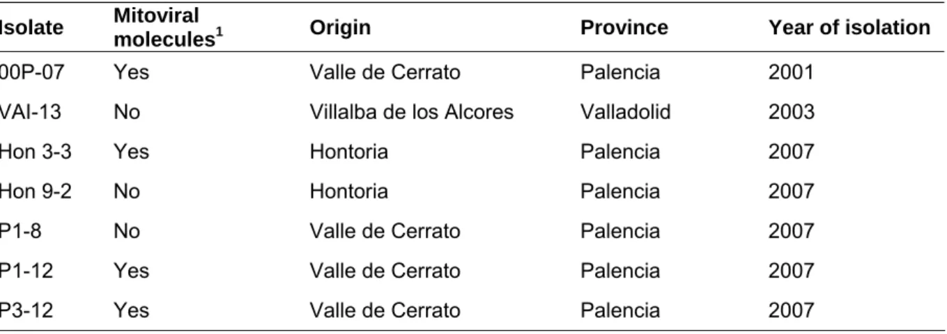 Table 1:  Isolates used in the experiment ( 1 according to Botella et al. 2010).  Isolate  Mitoviral 