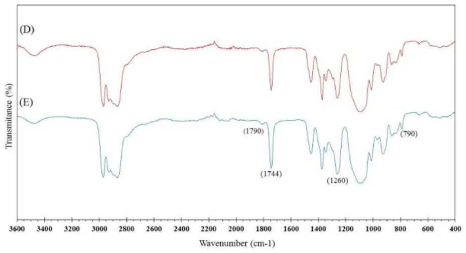 Fig. 6. FT-IR spectra of the copolymer obtained with catalysts D and E 
