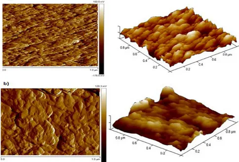 Figura 9.  Microscopía de fuerza atómica de Cu 3 BiS 3   a) 170 nm, b) 450 nm 