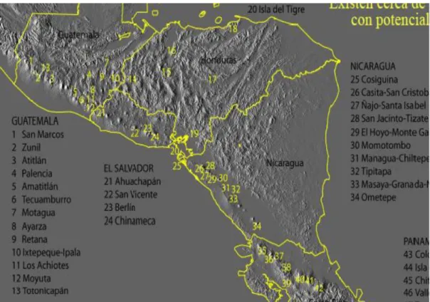Figura 8. América Central sitios con potencial geotérmico 