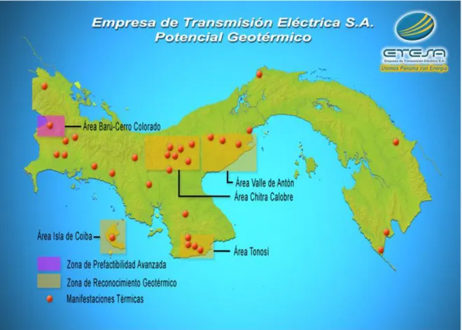 Figura 9. Mapa del potencial geotérmico en Panamá  Fuente: Etesa (2009) 