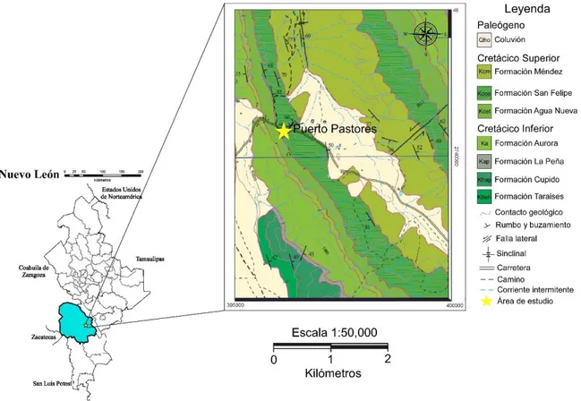 Figura 3.1:  Ubicación del afloramiento de la Formación San Felipe en la localidad Puerto Pastores (Galeana,  N.L.) y contexto geológico local