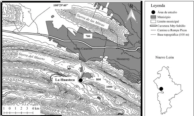 Figura  4.  Ubicación  de  la  localidad  La  Huasteca,  en  el  área  norte  de  la  Curvatura  de  Monterrey