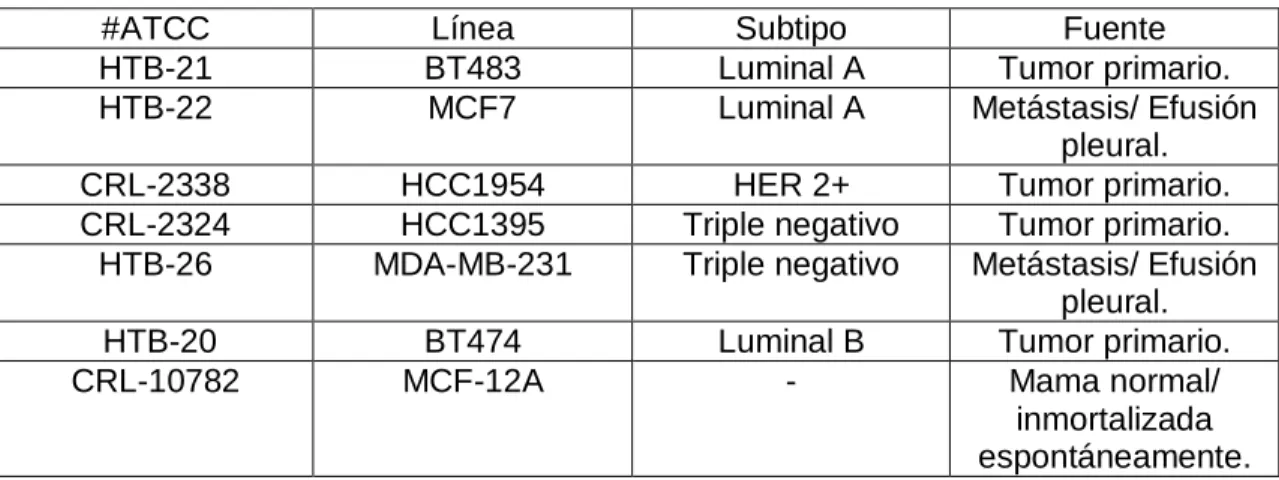 Tabla 8 Características de las líneas celulares. 