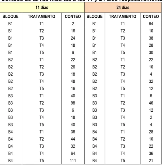 Tabla 5. Conteos de larvas muertas a los 11 y 24 días respectivamente 