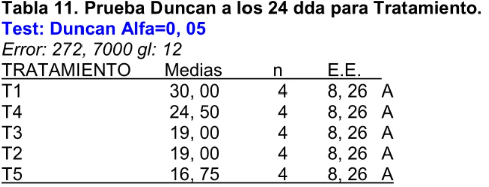 Tabla 10. Prueba Duncan a los 24 dda para bloque. 