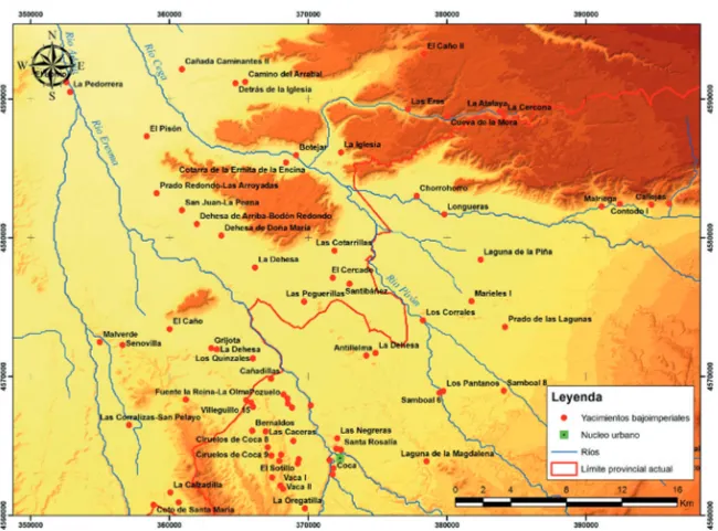 Fig. 11. Yacimientos romanos bajoimperiales en Íscar y su entorno circundante. Respecto al periodo  altoimperial se aprecian las concentraciones de asentamientos en el interfluvio Cega-Pirón y, muy 