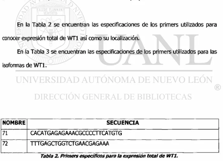 Tabla 2. Primers específicos para la expresión total de WT1. 