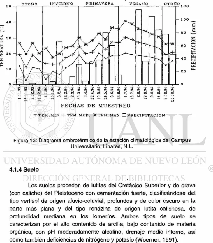 Figura 13: Diagrama ombrotérmico de la estación climatológica del Campus  Universitario, Linares, N.L