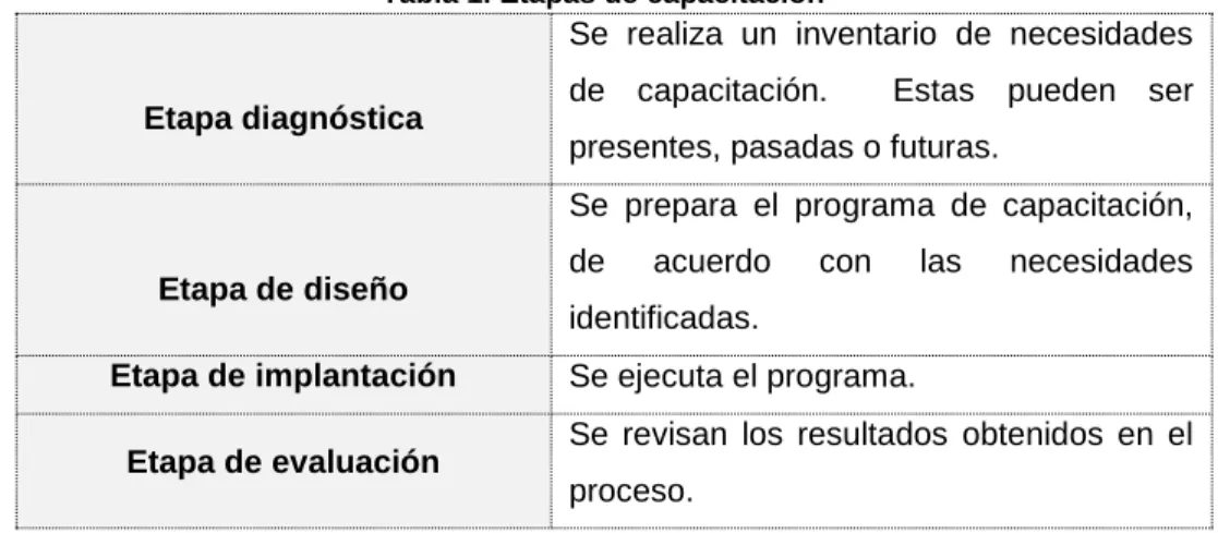 Tabla 1. Etapas de capacitación 