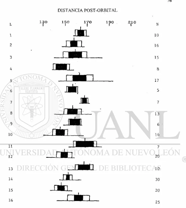 Fig 10. Comparación de la distancia post-orbital (P02), en milésimas de la longitud patrón  (LP), en peces del género Fundulus del NE de México de 16 localidades en 4  cuencas; 1-5, Rio Bravo; 6-8 Laguna Madre, 9-12 Río San Fernando; 13-15, Río  Soto La Ma