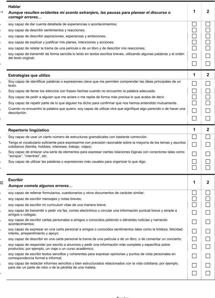 Tabla de descriptores para la autoevaluación     Nivel B1