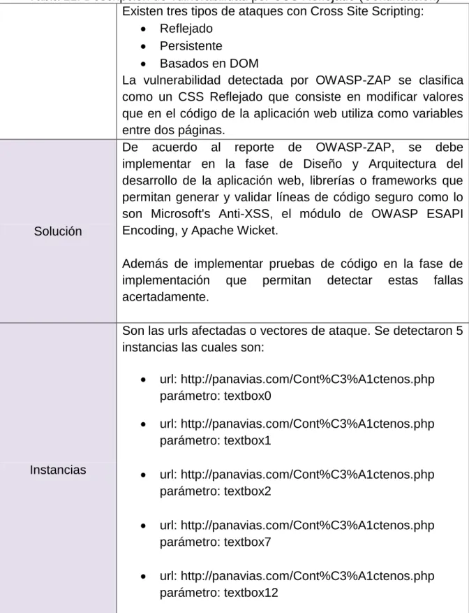 Tabla 11. Descripción de vulnerabilidad por CSS Reflejado (Continuación)  Existen tres tipos de ataques con Cross Site Scripting: 