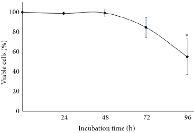 Figure 1: Viability of cultures breast cancer explants. To determine the optimal time for performing the experiments with bioactive compounds, explants were cultivated in DMEM/F12 supplemented medium for 24, 48, 72, and 96 h