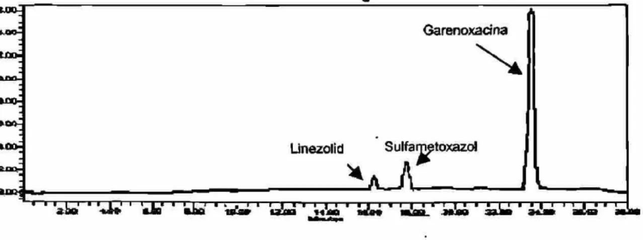 Figura 15. Cromatograma de la mezcla estándar de antimicrobianos a 5 fxg/mL. 1) linezolid  2) sulfametoxazol 3) garenoxacina