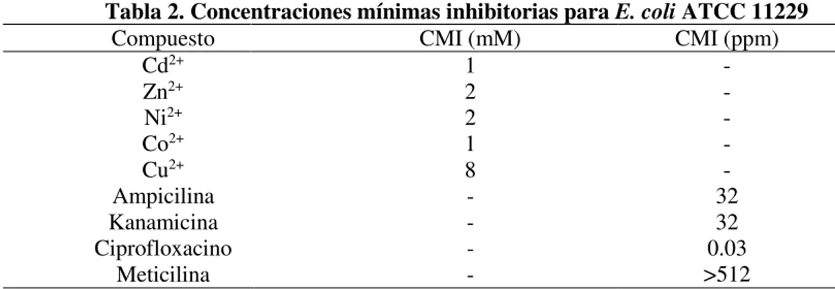 Tabla 2. Concentraciones mínimas inhibitorias para E. coli ATCC 11229 