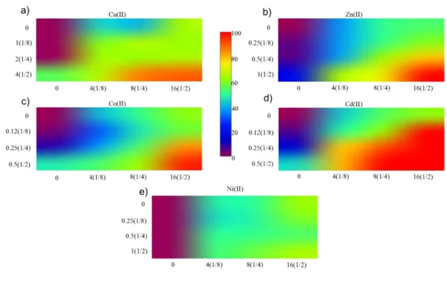 Figura 6. Efecto inhibitorio de kanamicina potenciado por metales en cepa de E. coli ATCC 11229 Mapas de  calor de los porcentajes de inhibición de las combinaciones metal-kanamicina realizadas; la barra del centro indica el  porcentaje de inhibición que r