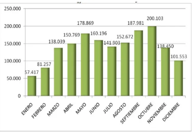 Gráfico 1.3.: Distribución mensual de los visitantes en las bodegas de las Rutas del Vino en España  (2013) 
