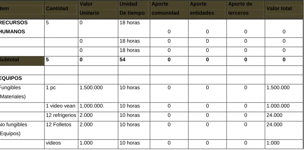 16. Tabla de presupuesto
