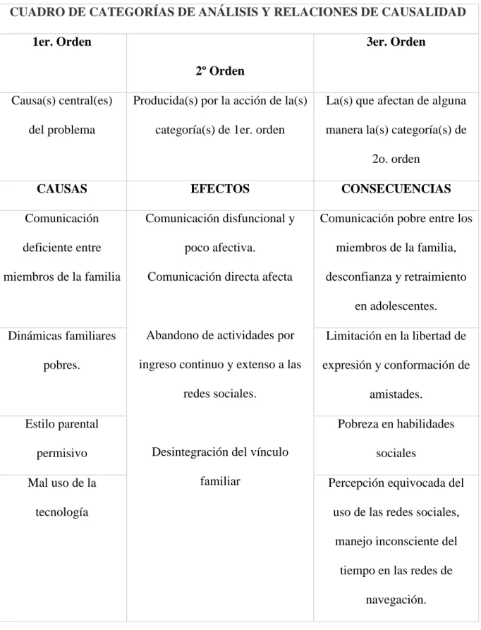CUADRO DE CATEGORÍAS DE ANÁLISIS Y RELACIONES DE CAUSALIDAD 