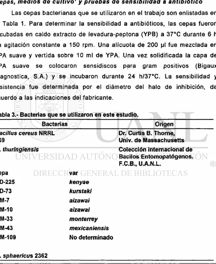 Tabla 3.- Bacterias que se utilizaron en este estudio. 