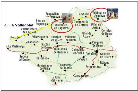 Figura  2. Localidades  de  procedencia  del  alumnado  IES  Diego  de  Praves.  Tomado  de:  http://www.solo-arte-actual.com/2015/05/el-valle-de-la-esgueva-turismo-cultural.html   