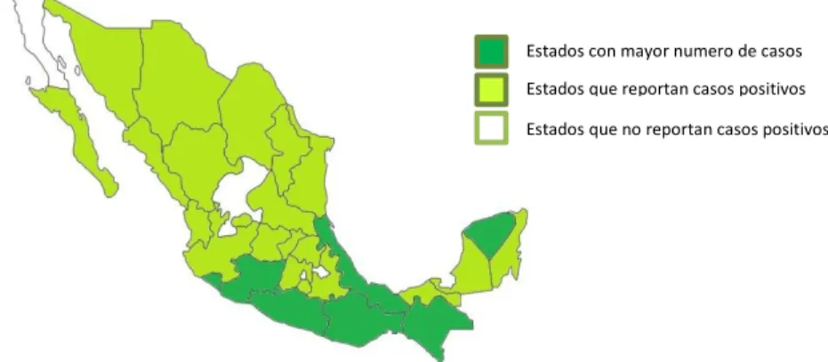 Figura 2.  Estados que presentan casos de CHIKV (López, M.P. 2016). 
