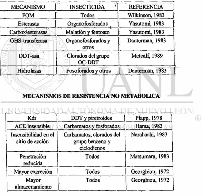 Cuadro No. 1.- Clasificación de mecanismos de resistencia en insectos  MECANISMOS DE RESISTENCIA METABÓLICA 