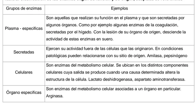 Tabla 2. Clasificación de las enzimas según su función y su origen, adaptada de referencias  1, 3,6.