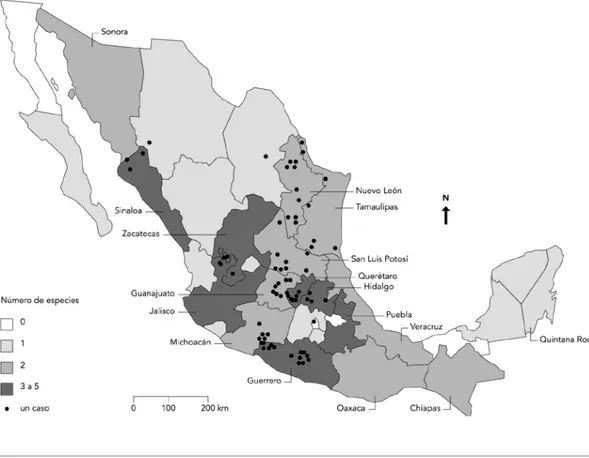 Figura 2. Distribución de las especies de Karwinskia en la República Mexicana. 