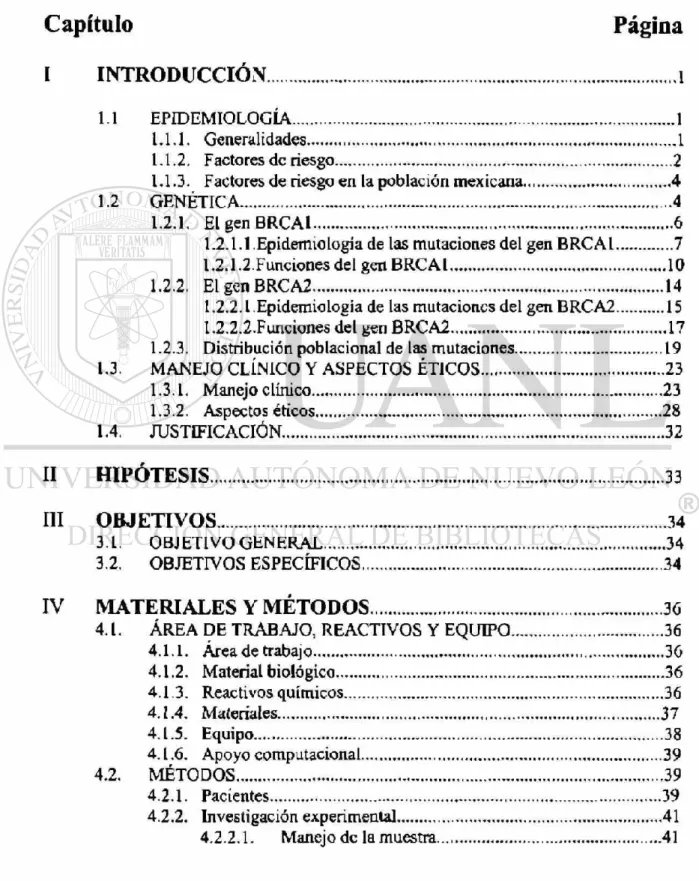 TABLA DE CONTENIDO  Capítulo Página  I INTRODUCCIÓN 1  1.1 EPIDEMIOLOGÍA 1  1.1.1. Generalidades 1  1.1.2