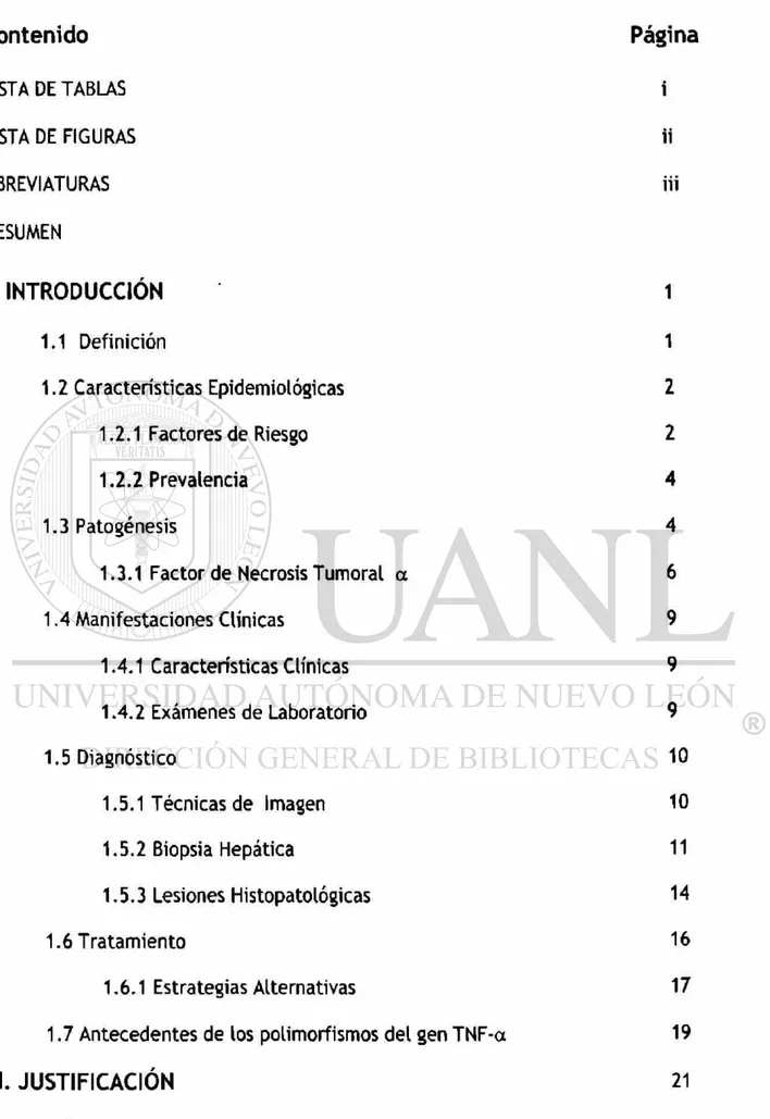 TABLA DE CONTENIDO  Contenido Página  LISTA DE TABLAS i  LISTA DE FIGURAS ii  ABREVIATURAS iii  RESUMEN  I