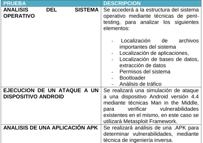Tabla 1. Pruebas a ejecutar 