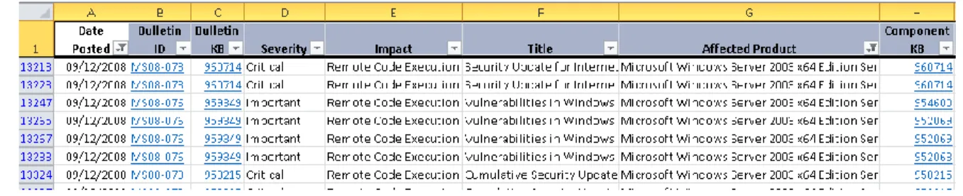Figura 6. Base de datos de vulnerabilidades de Microsoft en Excel. 