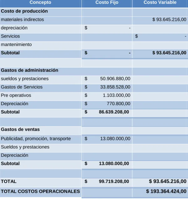 Tabla 8. Costos operacionales 