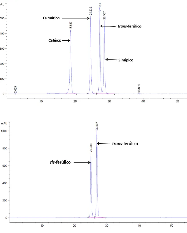 Figura  4.  Cromatogramas  de  estándares  de  ácidos  fenólicos  que  indican  el  tiempo  de retención (min)