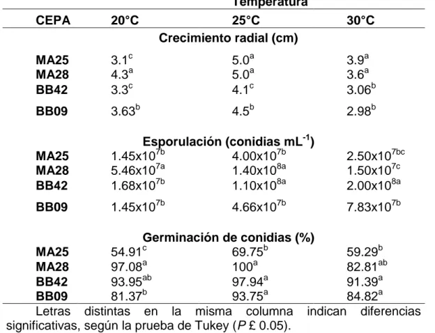 Cuadro  4.  Efecto  de  la  temperatura  sobre  el  crecimiento  radial,  esporulación  y  germinación de cuatro cepas de hongos entomopatógenos