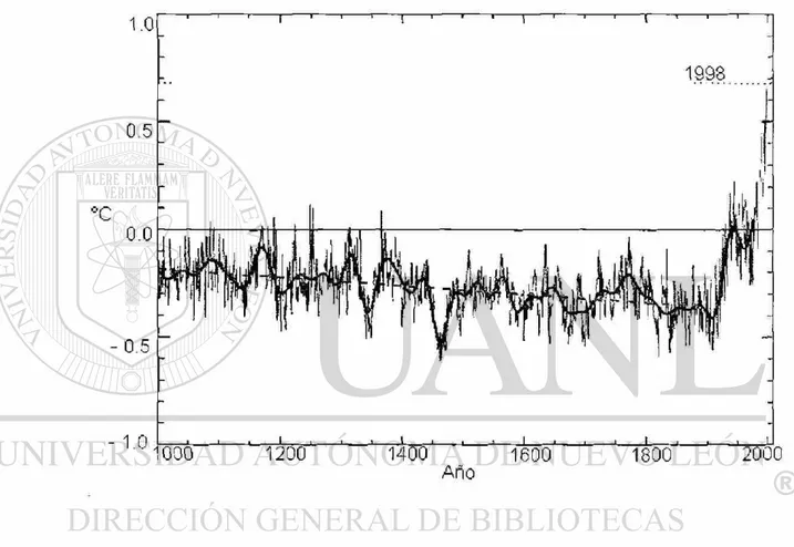 Figura 2.1 Reconstrucción de las anomalías en la temperatura media anual de  la superficie terrestre en el Hemisferio Norte durante el último milenio (año 1000  a 1980);  m i s m a reconstrucción suavizada mediante una media móvil de 40  años; datos meteor