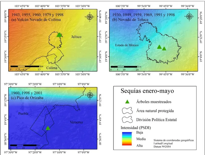 Figura 7. Intensidad promedio de los periodos de sequías (PSDI) en el Volcán Nevado de  Colima (a), Nevado de Toluca (b) y Pico de Orizaba (c) 