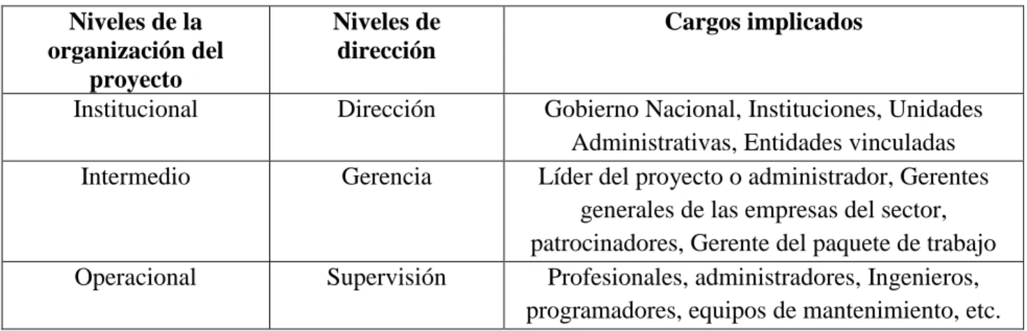 Tabla 11.  Niveles de la  organización del  proyecto  Niveles de dirección  Cargos implicados 
