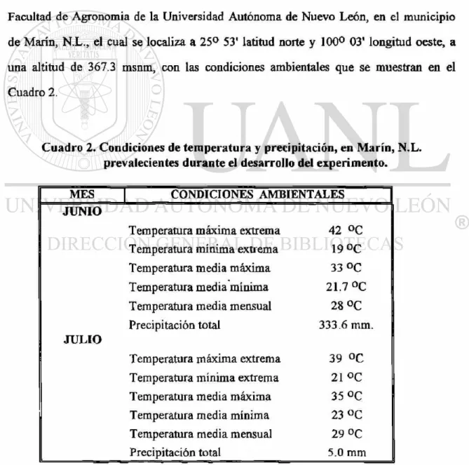 Cuadro 2. Condiciones de temperatura y precipitación, en Marín, N.L.  prevalecientes durante el desarrollo del experimento
