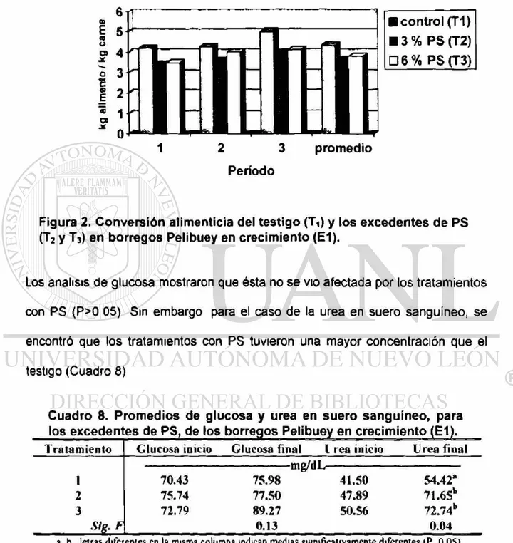 Figura 2. Conversión alimenticia del testigo (Ti) y los excedentes de PS  (T2 y T 3 ) en borregos Pelibuey en crecimiento (E1)