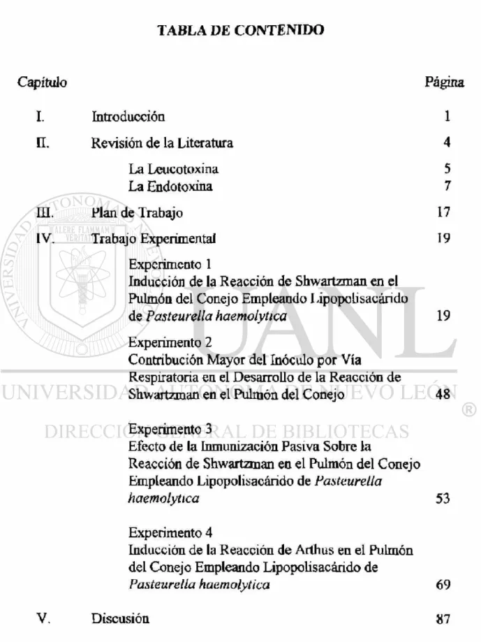 TABLA DE CONTENIDO  Capítulo Página  I. Introducción 1  H. Revisión de la Literatura 4  La Lcucotoxina 5  La Endotoxina 7  m 