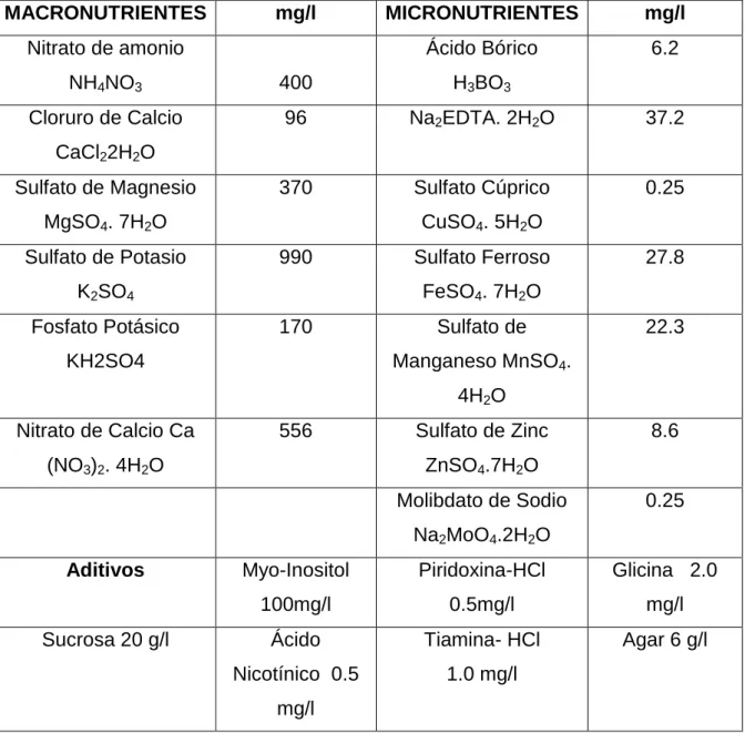 Tabla Nº 2. Composición de WPM (Woody Plant Medium) 