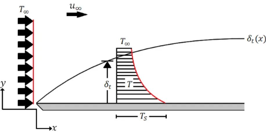 Figura 9. Capa límite térmica a lo largo de una placa plana con temperatura invariable en la  componente x [xxv].