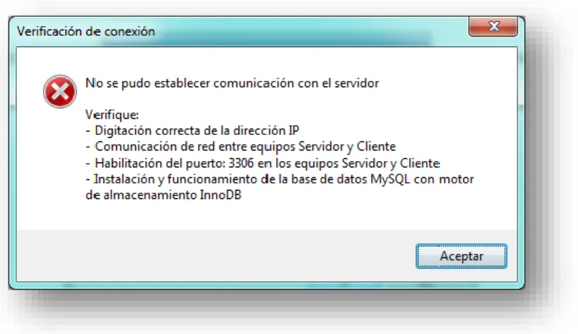 Ilustración 13: Ventana de verificación fallida de conexión con el servidor y la base de  datos